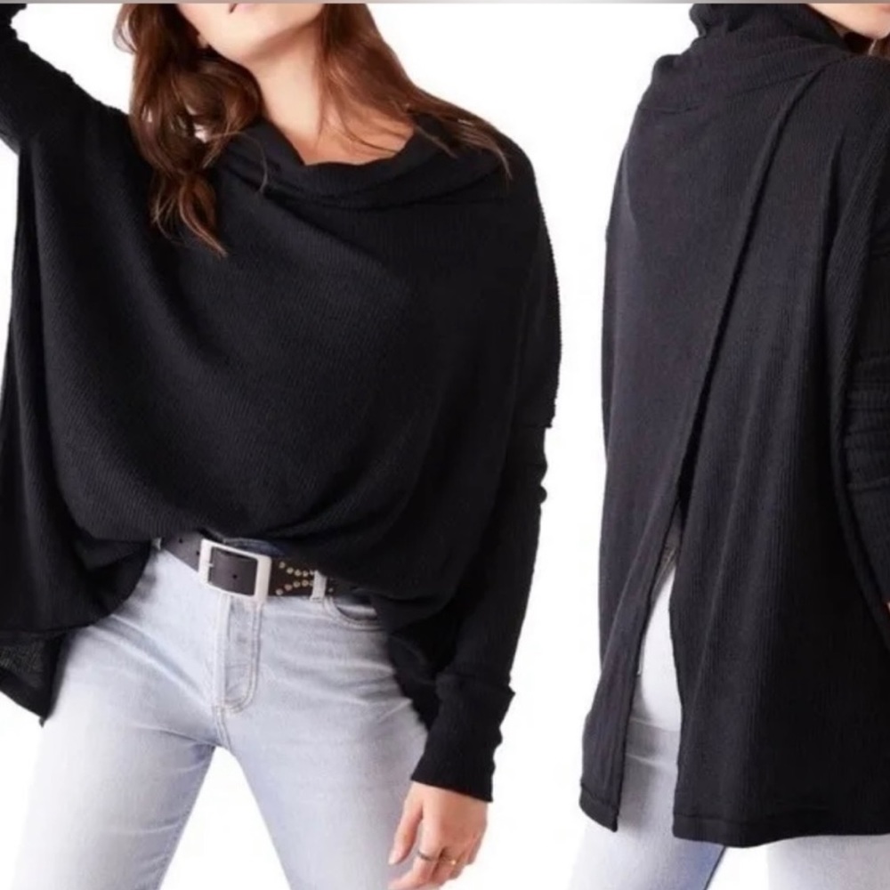 NWT Free People Juicy Long Sleeve Waffle Knit Sweater Top Black Size XS